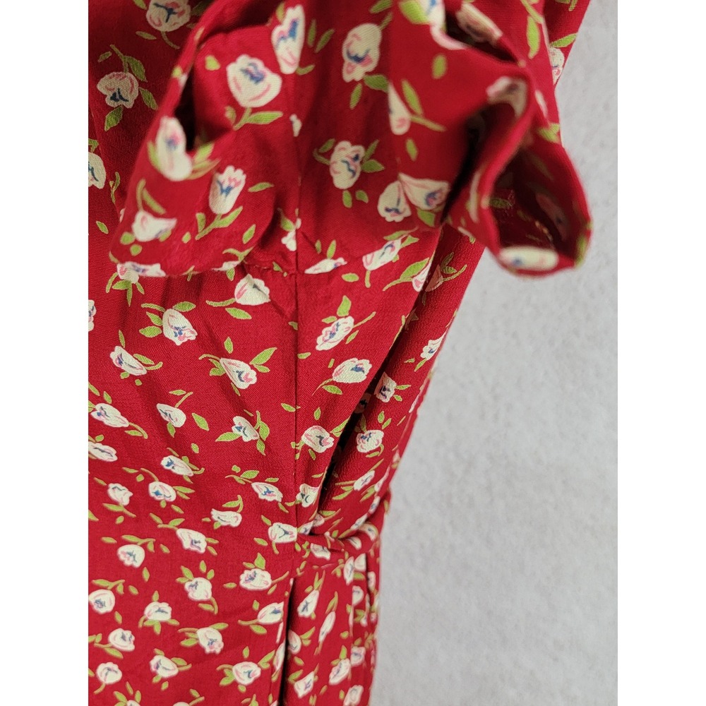 Vintage Sara Campbell Red Floral Midi Dress Petite 8P Button Front Rayon - Picture 14 of 14